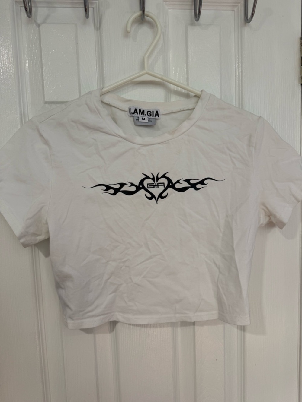 I.AM.GIA White Crop Tee with Black Tribal Heart